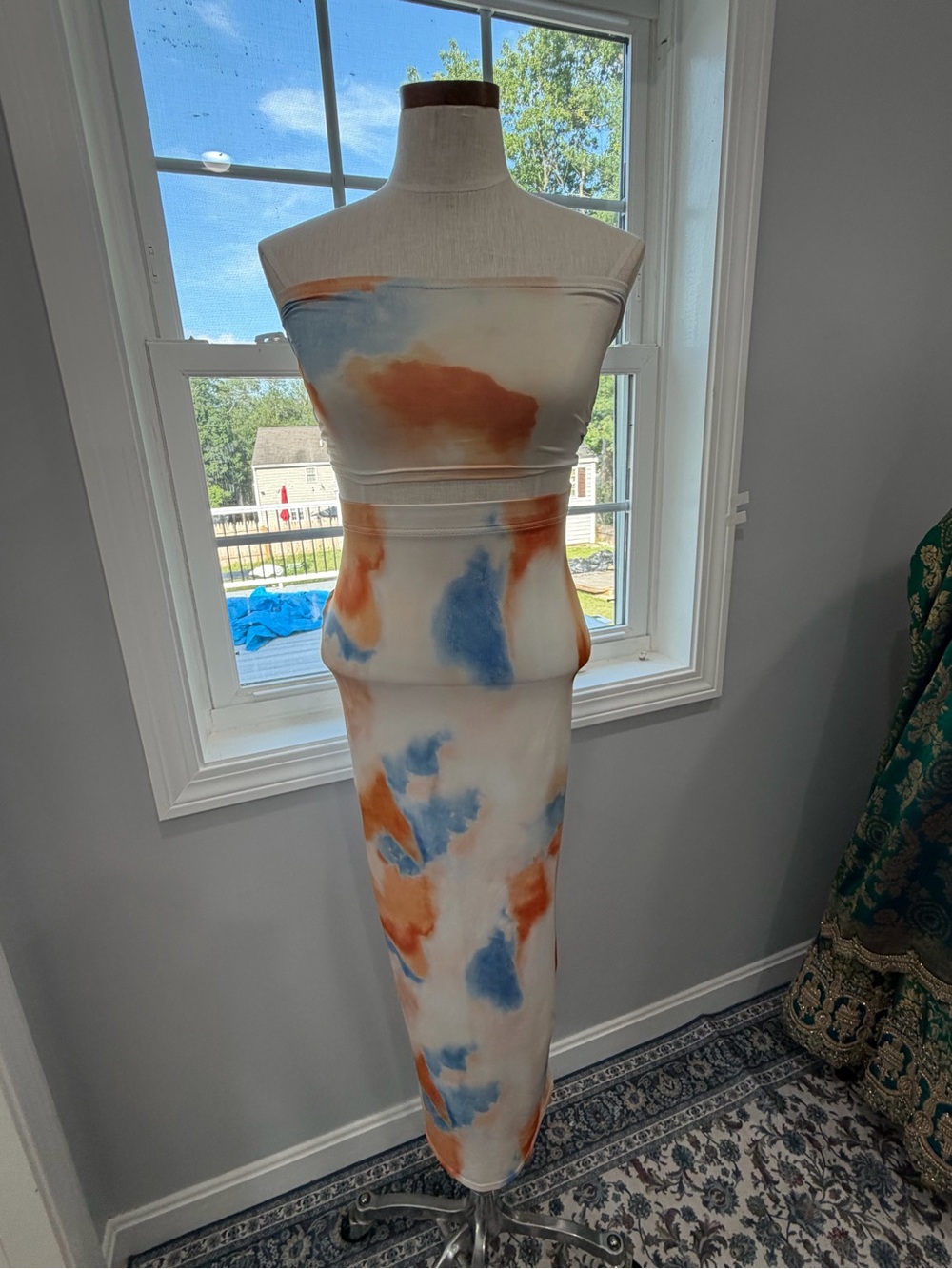 SHEIN Strapless Tie-Dye Bodycon Dress in Blue and Rust Orange